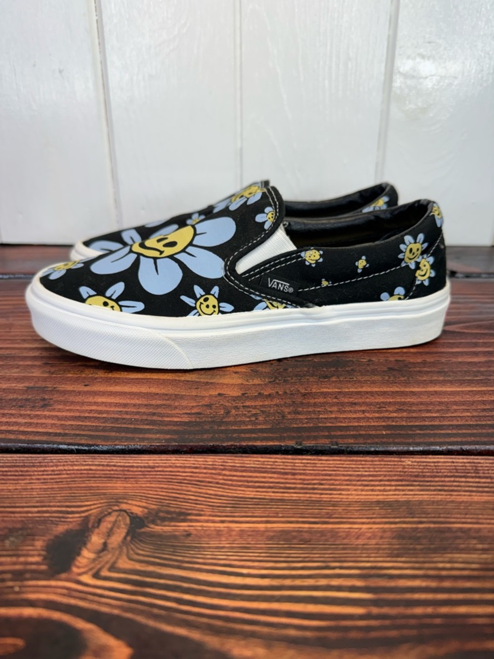 Vans Black Canvas Slip-On Sneakers with Yellow & Light Blue Smiley Flowers - Picture 4 of 8